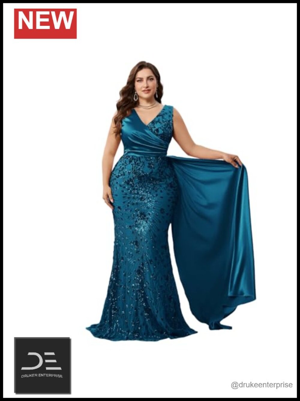 Plus Size V-Neck Mermaid Evening Gown with Sequin Embroidery